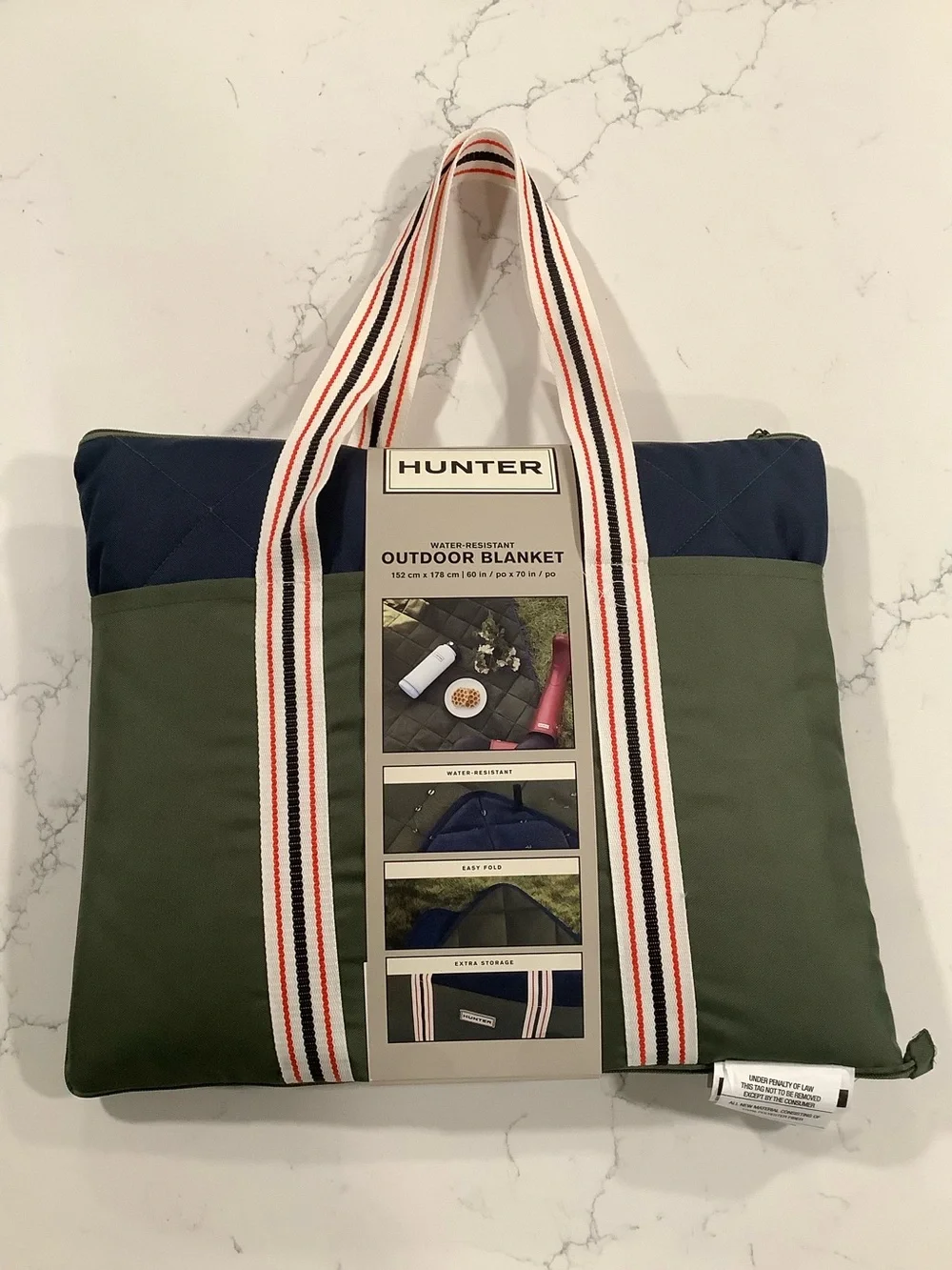 Hunter Outdoor Blanket Tote - Olive Green & Navy with Striped Handles